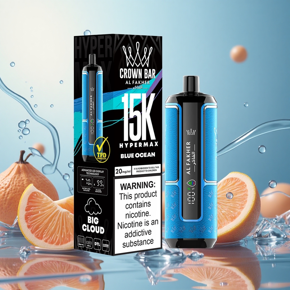 Al Fakher Crown Bar 15K Hipermax Vape Desechable 22ml Azul Océano
