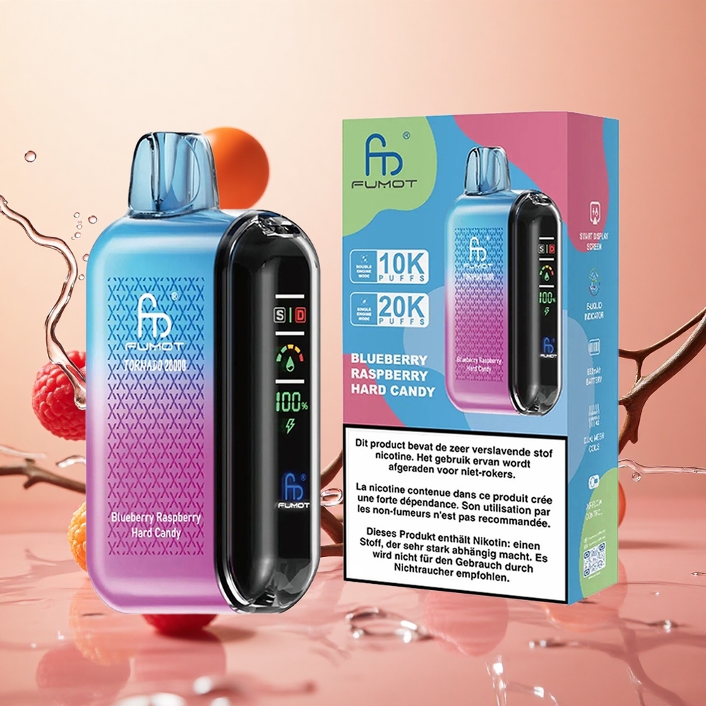 Fumot Tornado 20000 Puffs 20ml Capacidad de E-líquido 850mAh Batería Recargable Arándano Frambuesa Caramelo Duro