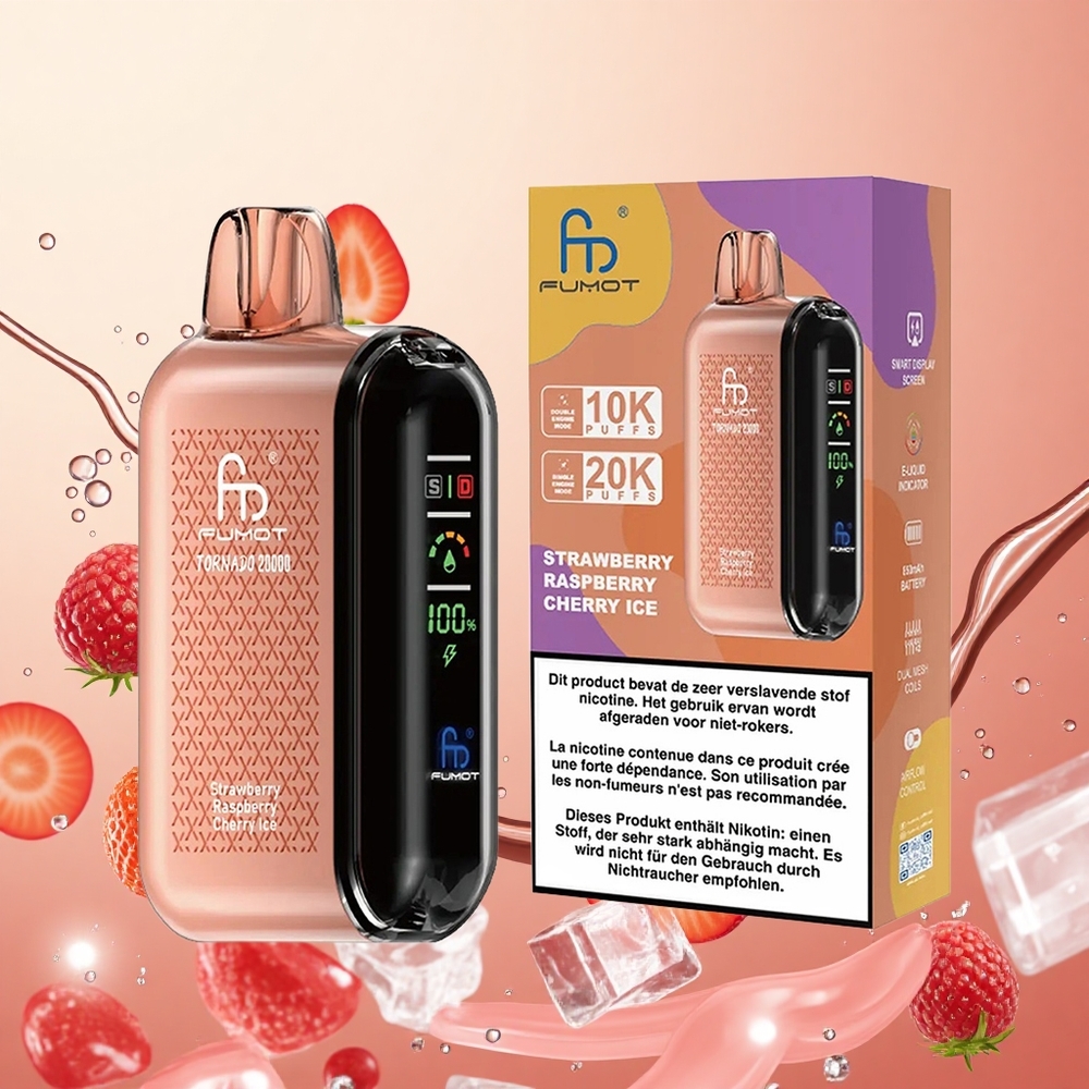 Fumot Tornado 20000 Puffs 20ml Fresa Frambuesa Cereza Hielo Dual Mesh
