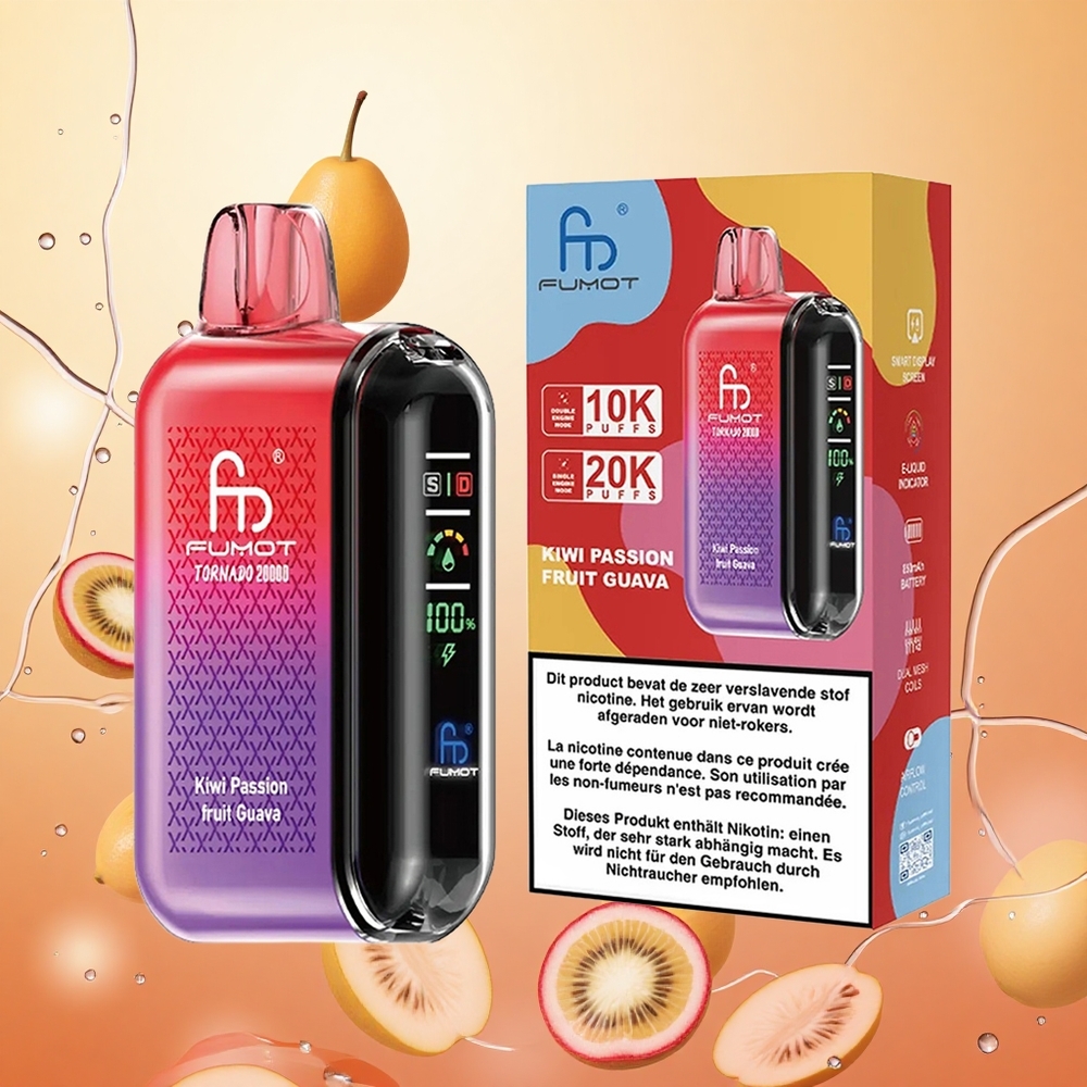 Fumot Tornado 20000 Puffs 20ml Kiwi Maracuyá Guayaba Dual Mesh Coil