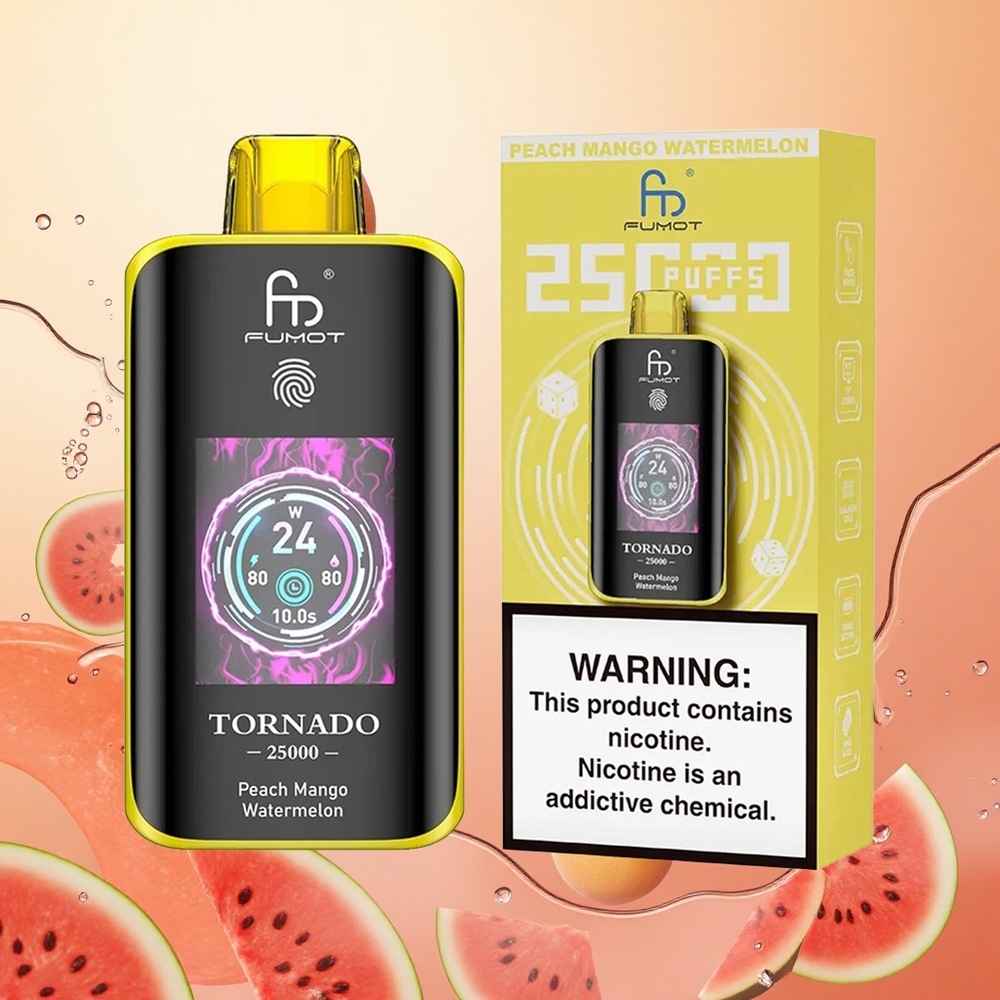 Fumot Tornado 25000 Puffs Melocotón Mango Sandía Pantalla HD Batería Recargable 700mAh