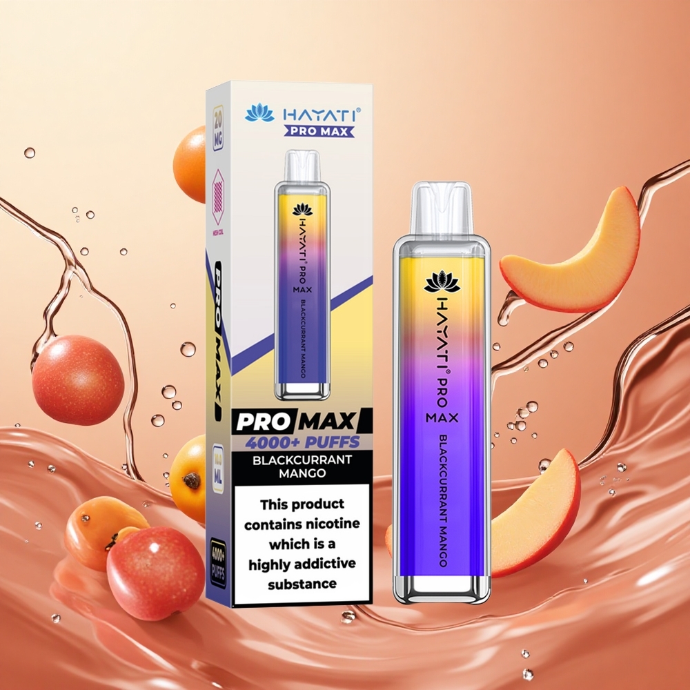 Hayati Pro Max 4000 Puffs Vape Desechable Grosella Negra Mango Dual 1.1 Ohm Batería Recargable