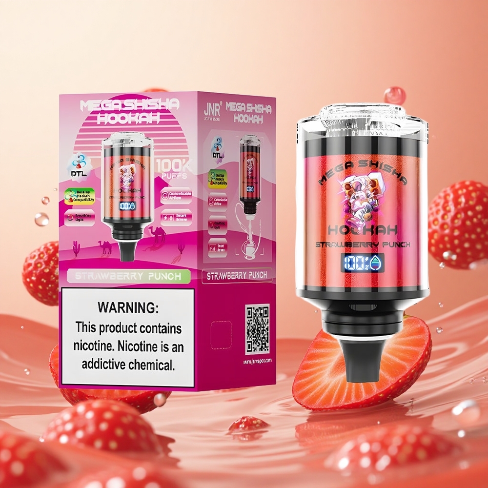 JNR Mega Shisha Hookah 100K Fresa Golpe Pantalla Inteligente Batería Recargable