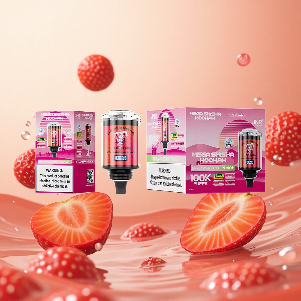 JNR Mega Shisha Hookah 100K Fresa Golpe Pantalla Inteligente Batería Recargable