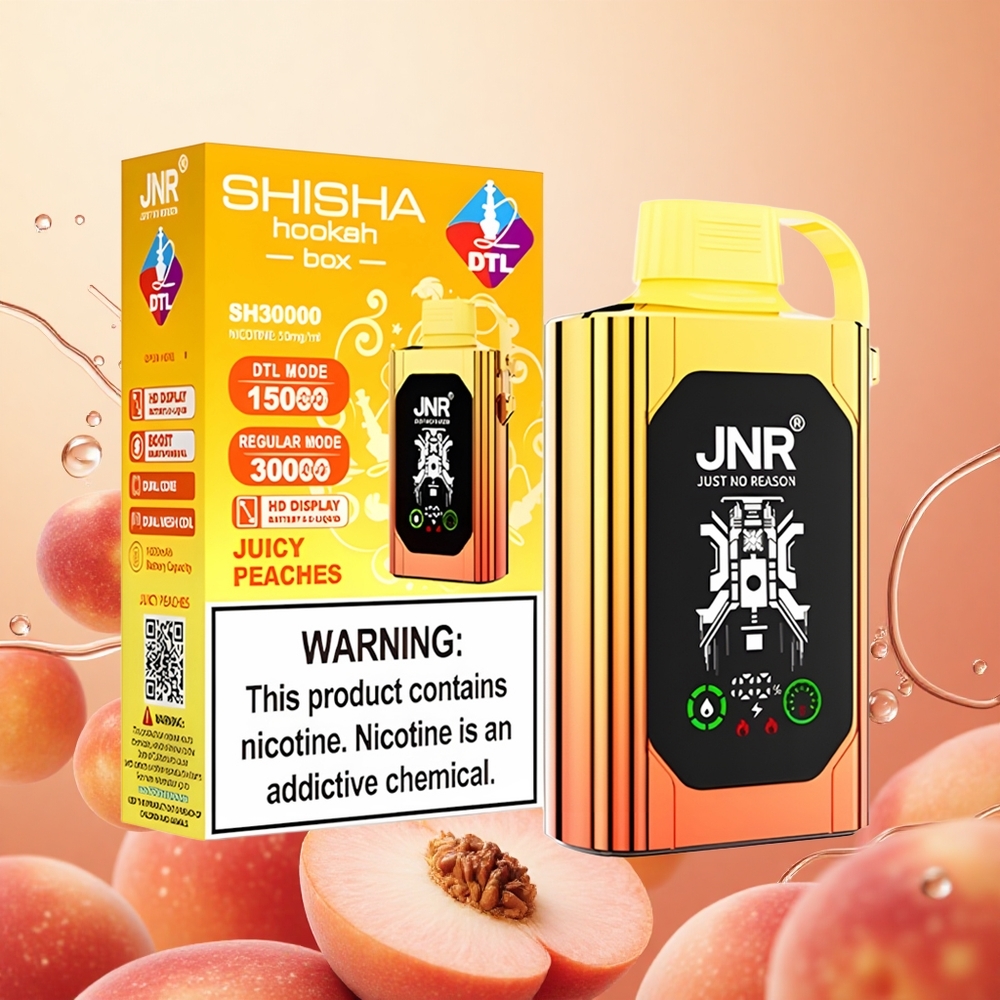 JNR Shisha Hookah Box 20500 Puffs Duradero 25ml Melocotones Jugosos Dual Mesh Coil